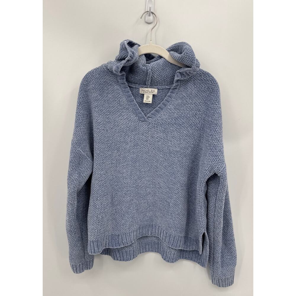 Rachel Zoe Chenille Hooded Sweater Cozy Textured Knit Blue Size Medium Relax Fit
